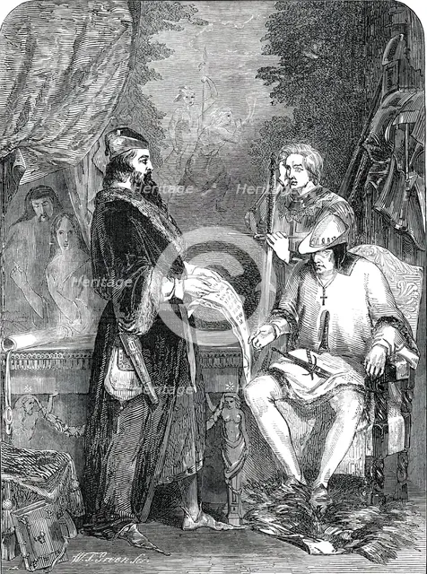"Galliotti, the Astrologer, shewing Louis XI. the First Specimen of Printing"..., 1850.  Creator: W. T. Green.