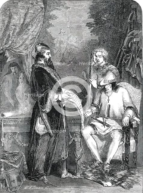 "Galliotti, the Astrologer, shewing Louis XI. the First Specimen of Printing"..., 1850.  Creator: W. T. Green.