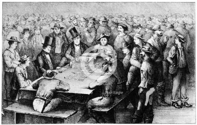 Gambling in the mines, Faro, California, 19th century (1937).Artist: Britton & Rey
