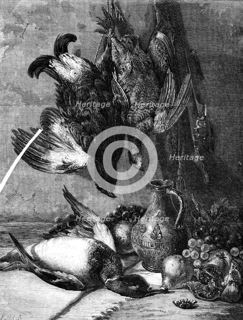 "Game and Fruit" by W. Duffield, in the Gallery of the British Institution, 1862. Creator: E. Skill.