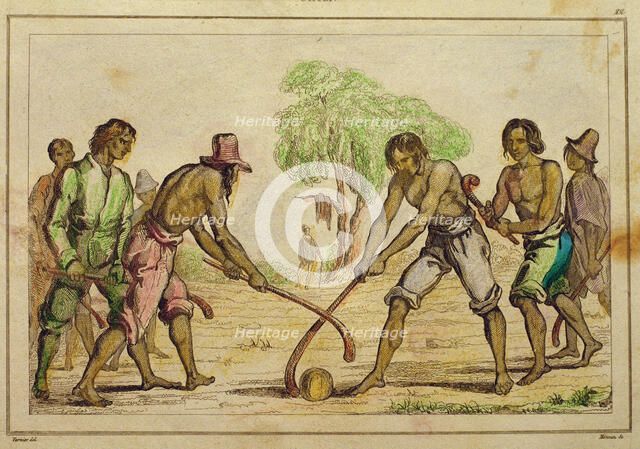 Game of Cineca, folk customs of the natives, 19th century, French engraving.