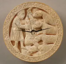 Game Piece with Hercules Throwing Diomedes to His Man-Eating Horses, German, ca. 1150. Creator: Unknown