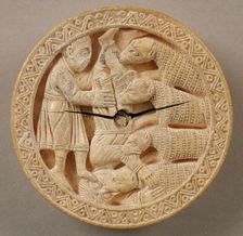Game Piece with Hercules Throwing Diomedes to His Man-Eating Horses, German, ca. 1150. Creator: Unknown