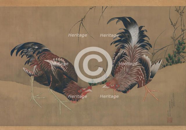 Gamecocks, dated 1838. Creator: Hokusai.