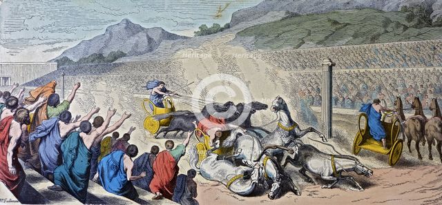 Games in Greece, chariot race, engraving, 1862.