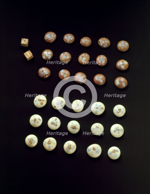 Gaming Counters and Dice excavated at Lullingstone Roman Villa, Eynsford, Kent, 1991. Artist: J Bailey