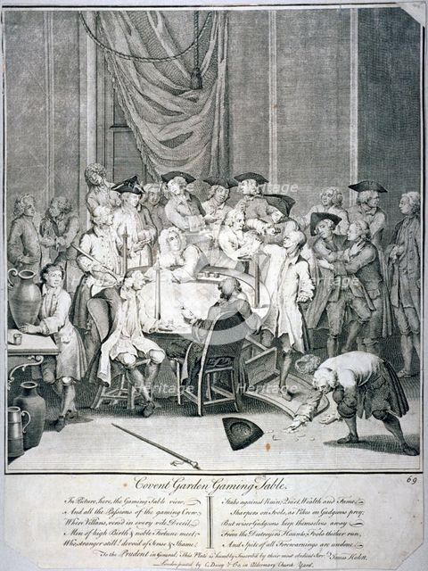 Gaming table scene in Covent Garden, Westminster, London, 1746. Artist: James Hulett