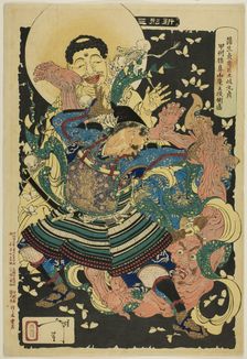Gamo Sadahide's Servant, Toki Motosada, Hurling a Demon King to the Ground at Mount Inahan..., 1890. Creator: Tsukioka Yoshitoshi