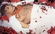 Gandhi's body strewn with flowers, 1948. Artist: Anon