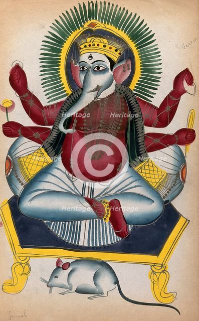 Ganesha enthroned holding his symbols with his rat. Creator: Unknown.