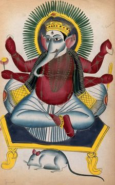 Ganesha enthroned holding his symbols with his rat. Creator: Unknown