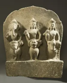 Ganesha, Shiva, and Karttikeya on Their Mounts, 10th century. Creator: Unknown