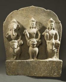 Ganesha, Shiva, and Karttikeya on Their Mounts, 10th century. Creator: Unknown