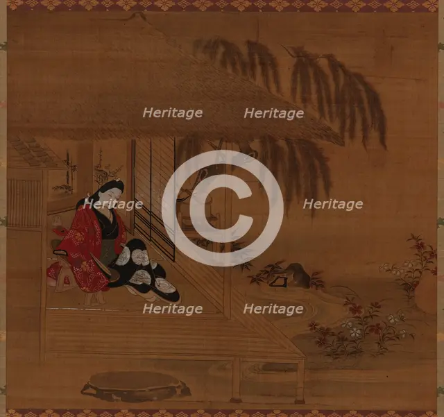 Garden; interior and seated girl, Edo period, 1615-1868. Creator: Furuyama Moroshige.