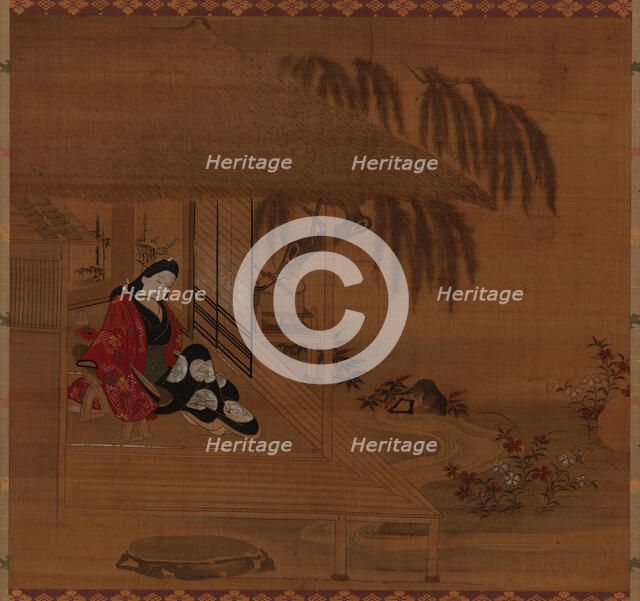 Garden; interior and seated girl, Edo period, 1615-1868. Creator: Furuyama Moroshige.