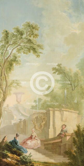 Garden landscape with figures by a fountain. Creator: Lorens Gottman.