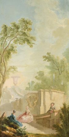 Garden landscape with figures by a fountain. Creator: Lorens Gottman