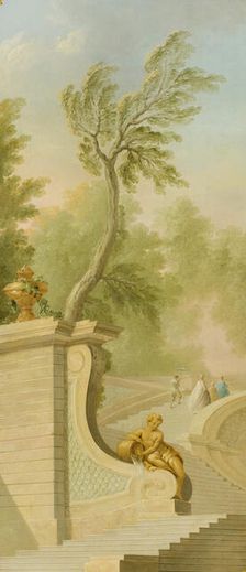 Garden landscape with figures on stairs. Creator: Lorens Gottman