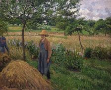 Gardener standing by a haystack, overcast sky, Eragny, 1899. Creator: Pissarro, Camille (1830-1903)