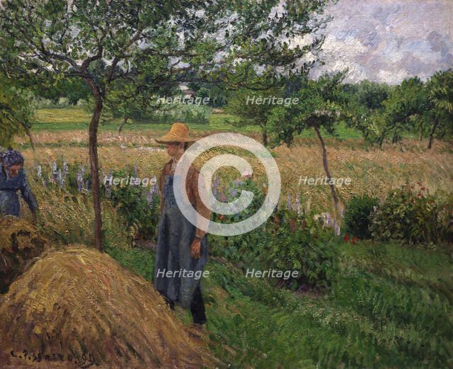 Gardener standing by a haystack, overcast sky, Eragny, 1899. Creator: Pissarro, Camille (1830-1903).