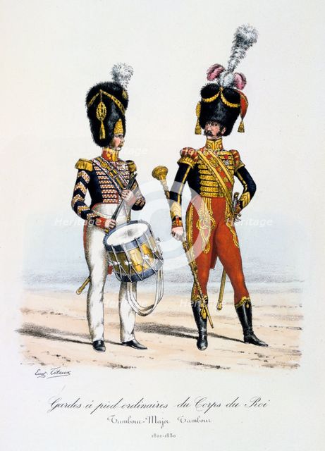 Gardes a pied ordinaires du Corps de Roi, Drum Major and Drummer, 1822-30 Artist: Eugene Titeux
