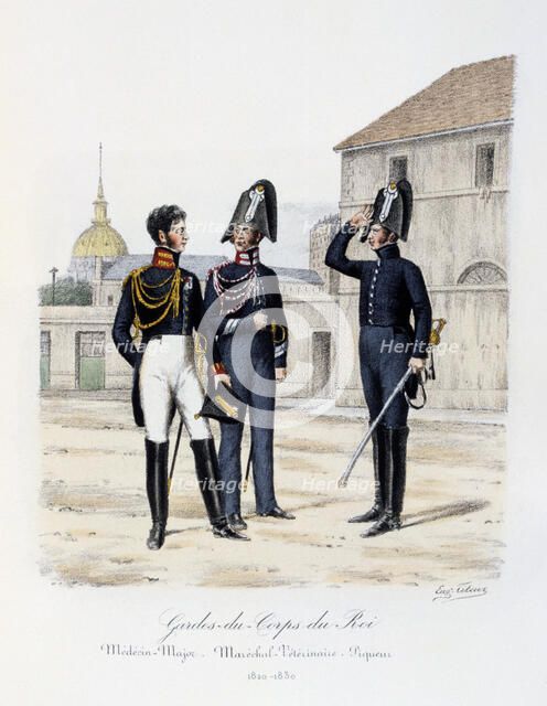 'Gardes-du-Corps de Roi, Médécin-Major, Maréchal-Vétérinaire and Piqueur', 1820-30 Artist: Eugene Titeux