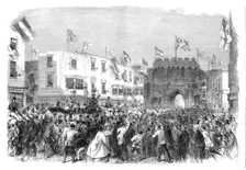 Garibaldi in England: arrival of Garibaldi at the townhall, Bargate, Southampton, 1864. Creator: Unknown