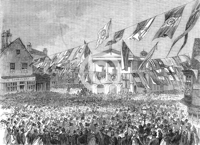 Garibaldi in England: Garibaldi in the balcony of the townhall of Newport, Isle of Wight, 1864. Creator: Unknown.