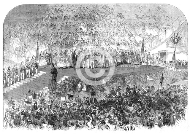 Garibaldi in England: Garibaldi receiving addresses at the Crystal Palace, 1864. Creator: Unknown.
