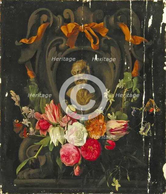 Garland of Flowers around the the Bust an Old Man in a Cartouche, 1644. Creators: Jan van den Hoecke, Jan Philips van Thielen.