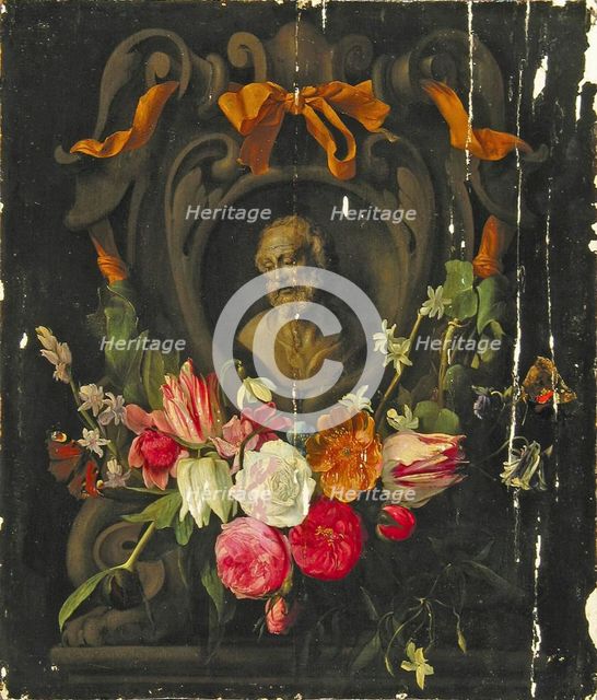 Garland of Flowers around the the Bust an Old Man in a Cartouche, 1644. Creators: Jan van den Hoecke, Jan Philips van Thielen.