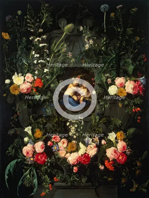 Garland of Flowers Around a Cartouche with Jesus and St John the Baptist as Children, 1630. Creator: Daniel Seghers.
