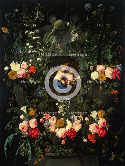 Garland of Flowers Around a Cartouche with Jesus and St John the Baptist as Children, 1630. Creator: Daniel Seghers.