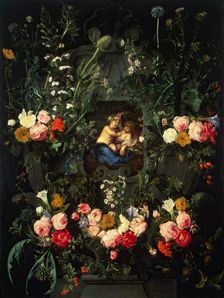 Garland of Flowers Around a Cartouche with Jesus and St John the Baptist as Children, 1630. Creator: Daniel Seghers