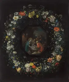 Garland of Flowers with Adoration of the Shepherds, c. 1625/1630. Creators: Frans Francken II, Master HDB