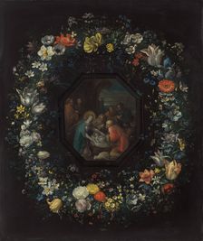 Garland of Flowers with Adoration of the Shepherds, c. 1625/1630. Creators: Frans Francken II, Master HDB