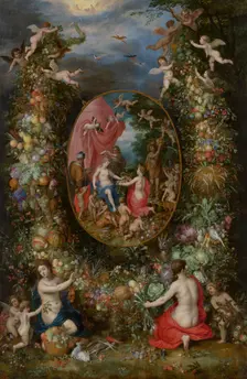 Garland of Fruit surrounding a Depiction of Cybele Receiving Gifts from Personifications...c1620-22. Creators: Jan Brueghel the Elder, Hendrick van Balen I