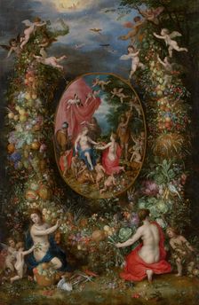 Garland of Fruit surrounding a Depiction of Cybele Receiving Gifts from Personifications...c1620-22. Creators: Jan Brueghel the Elder, Hendrick van Balen I