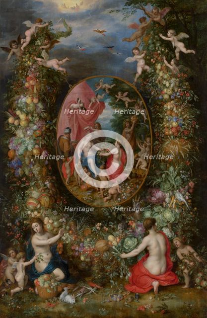 Garland of Fruit surrounding a Depiction of Cybele Receiving Gifts from Personifications...c1620-22. Creators: Jan Brueghel the Elder, Hendrick van Balen I.