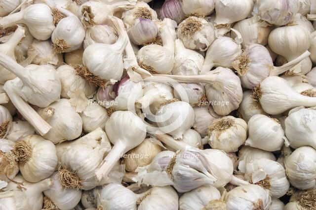 Garlic bulbs on a market stall, Mallorca, Spain.