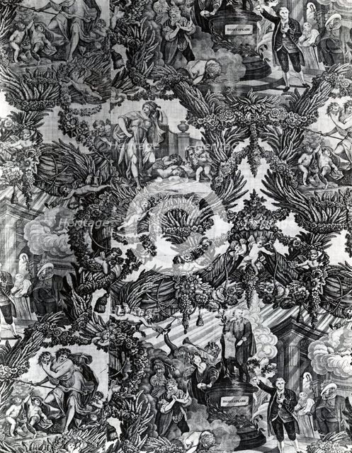 Garrick and Shakespeare with Tragedy and Comedy (Furnishing Fabric), England, c. 1790. Creator: Unknown.