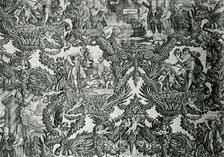 Garrick and Shakespeare with Tragedy and Comedy (Furnishing Fabric), England, c. 1790. Creator: Unknown