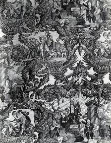Garrick and Shakespeare with Tragedy and Comedy (Furnishing Fabric), England, c. 1790. Creator: Unknown