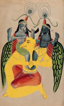 Garuda carrying two identical figures possibly Krishna and Balarama. Creator: Unknown