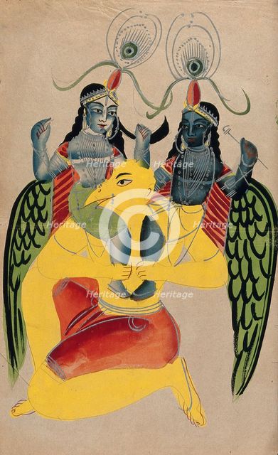 Garuda carrying two identical figures possibly Krishna and Balarama. Creator: Unknown.