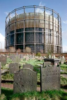 Gas holder at Garston, Liverpool, Merseyside, 2001. Artist: P Williams