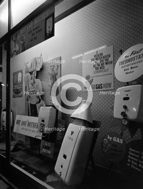 Gas water heaters display, East Midlands Gas Board showroom, Rotherham, South Yorkshire, 1961. Creator: Michael Walters.