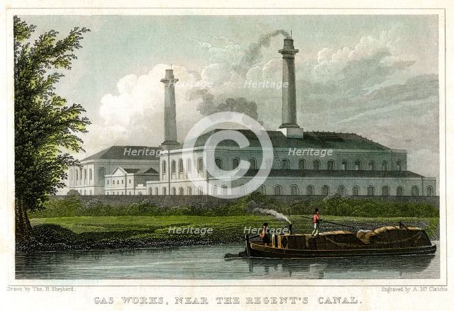 Gasworks by the Regent's Canal, London, c1830.Artist: A McClatchie