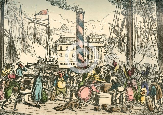 'Getting on Board the Margate Steam Packet at London Bridges Wharf', 1838. Artist: William Heath.