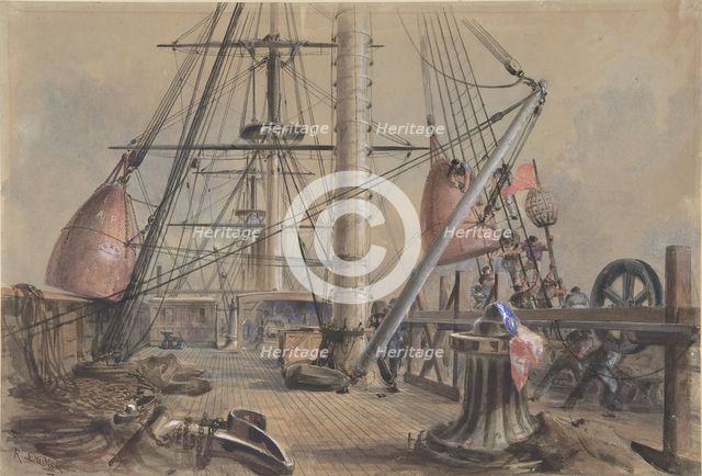 Getting Out One of the Great Buoys: The Deck of the Great Eastern Looking From..., 1865-66. Creator: Robert Charles Dudley.